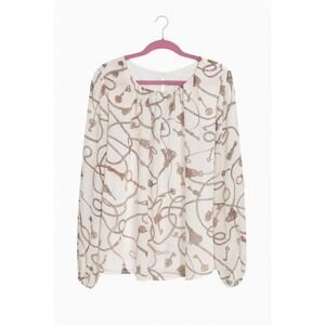 White House Black Market WHBM Key & Tassel Print Blouse – Size Large